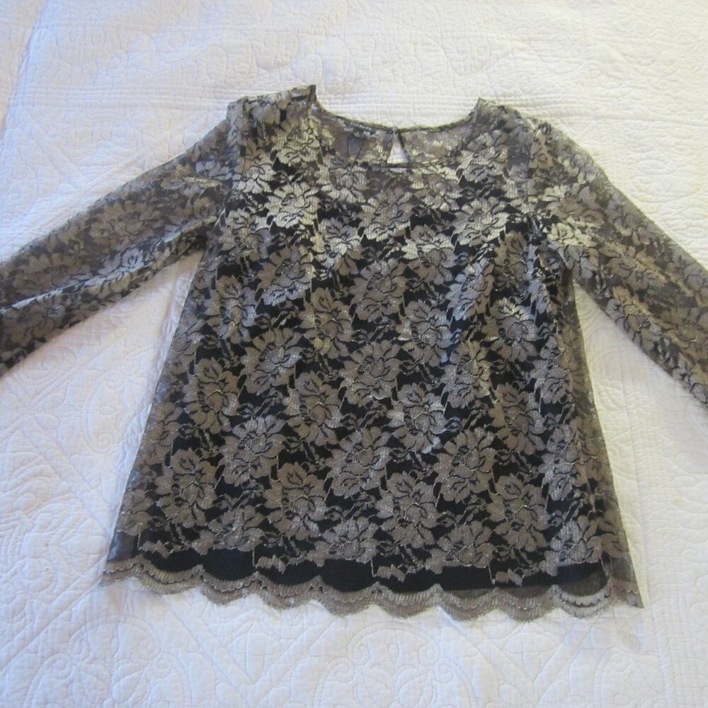 Talbots Top 2 Gold Floral Lace Scallop Hem Sheer